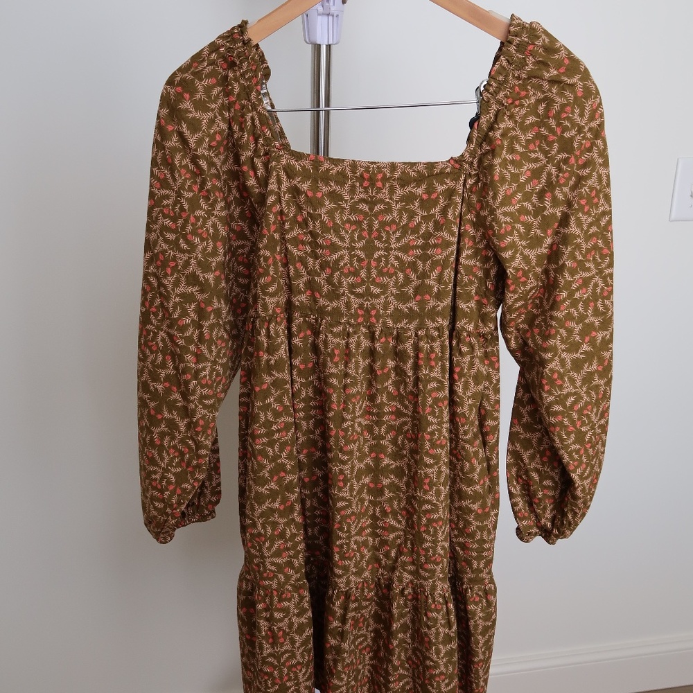 Floral Square-Neck Mini Dress with Puff Sleeves & Pockets - Olive Green